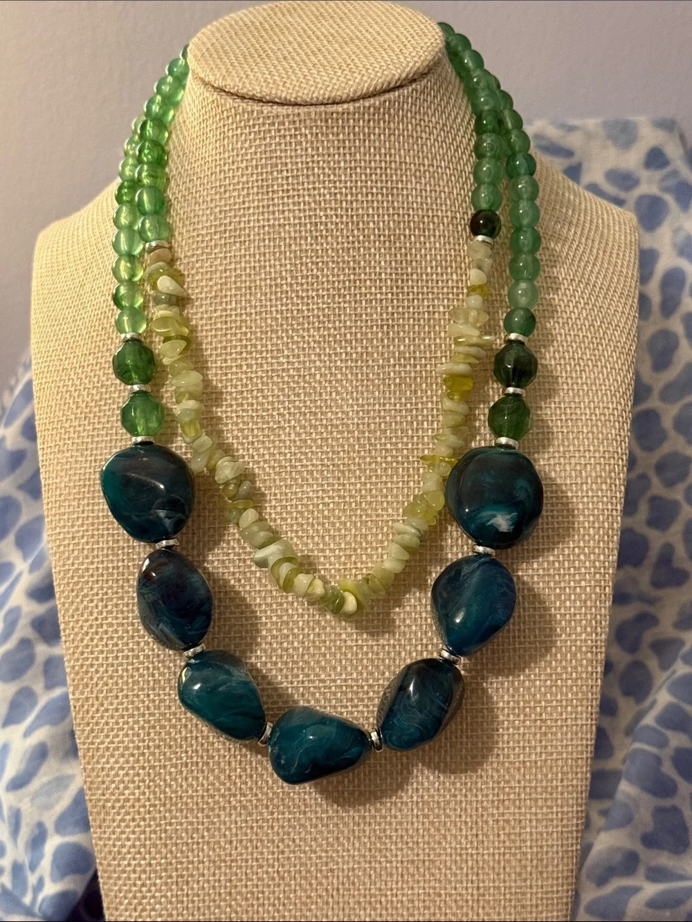 Teal and Green Layered Beaded Necklace - Women's Statement Jewelry